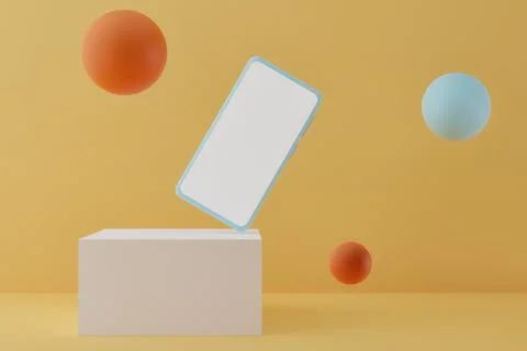 Modern smartphone on podium with flying bubbles on pastel background, 3d rend Stock Illustration