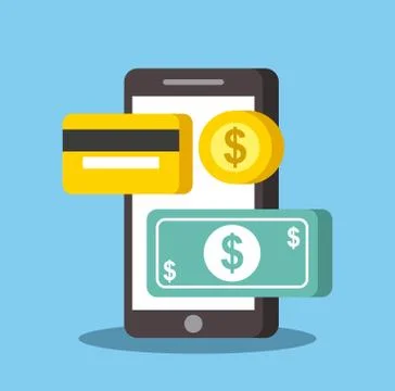 Modern smartphone with processing of mobile payments money credit card 스톡 일러스트