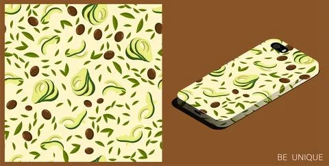 Modern smartphone in unique case decorated Avocado fruit seamless pattern w.. Stock Illustration