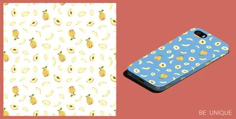 Modern smartphone in unique case decorated seamless pattern with Quince fru.. Illustrazione stock