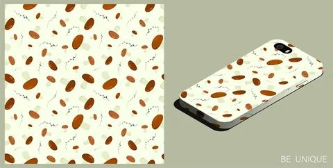 Modern smartphone in unique case decorated seamless pattern with edible mus.. Illustrazione stock
