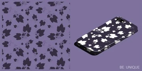 Modern smartphone in unique case decorated seamless pattern with white leav.. Stock Illustration