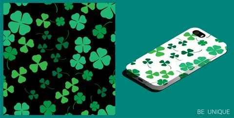 Modern smartphone in unique case decorated three and four leaf clover seaml.. Stock Illustration