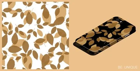 Modern smartphone in unique case decorated black silhouettes of ash leaves .. Illustrazione stock