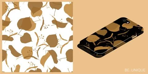 Modern smartphone in unique case decorated brown silhouettes of linden leav.. Stock Illustration
