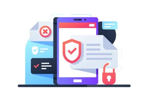 Modern smartphone using application with data protection program. Stock Illustration