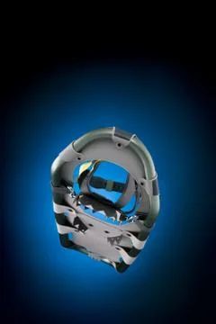 Modern snowshoe front under view isolated on gradiant black and blue Foto stock