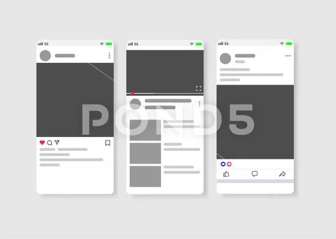 Modern Social Media new feed, post and home page mockup on white background Stock Illustration