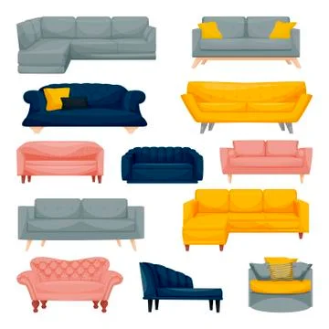 Modern sofa and couch set. Interior furniture design elements. Home and offic Stock Illustration