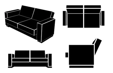 Modern Sofa Couch, Different Views, Vector Illustration. Stock Illustration
