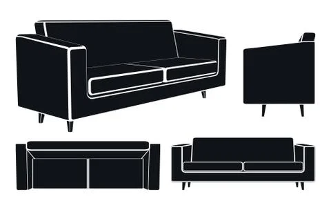 Modern Sofa Couch, Different Views, Vector Illustration. Stock Illustration