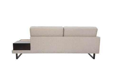 Modern Sofa grey fabric whit black and wood details isolated Stock Photos