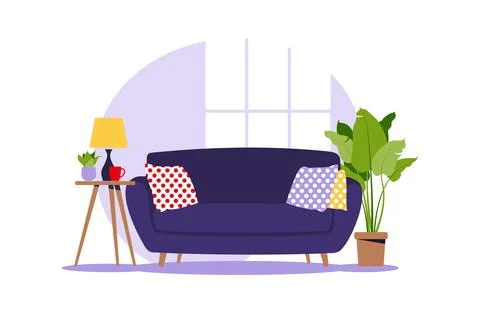 Modern sofa with mini table. Interior of the living room with furniture. Flat Stock Illustration
