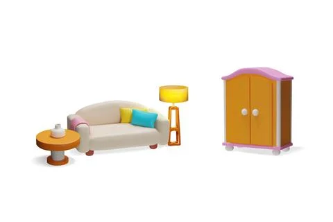 Modern sofa with pillows, floor lamp, round table with vase and closet 3D vector Stock Illustration