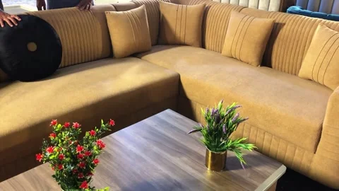 Modern Sofa Set with Wooden Coffee Table and Flower Vases | Stylish Living Room  Stock Footage 344647627