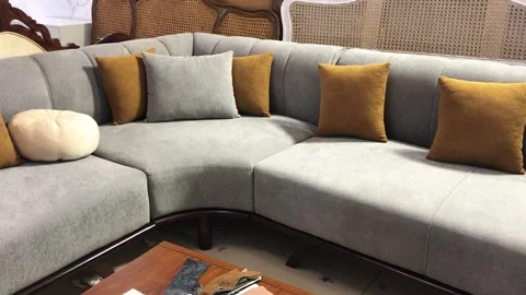 Modern Sofa Set with Wooden Coffee Table and Flower Vases | Stylish Living Room  스톡 동영상 344647637