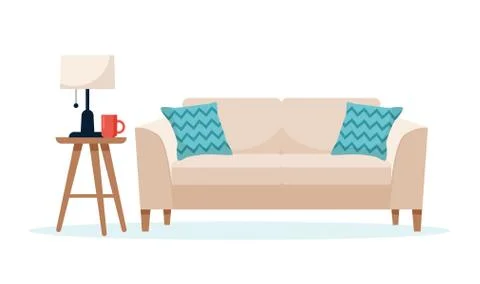 Modern sofa with a side table, cute interior vector illustration in flat styl Stock Illustration