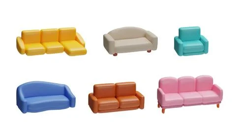 Modern sofa various forms 3d plastic style vector icons set, leather couch Illustration