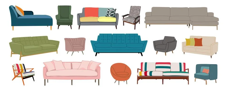 Modern sofas, armchairs and couches vector set. Stock Illustration