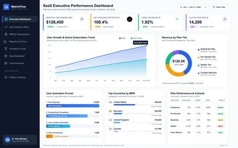 Modern software analytics interface displaying revenue data, user growth tren Stock Illustration