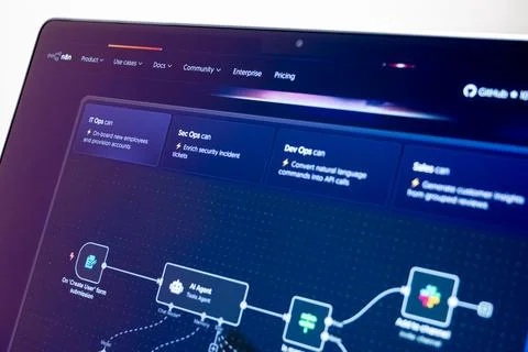 Modern software development platform showing a complex workflow on a comput.. Fotos de archivo