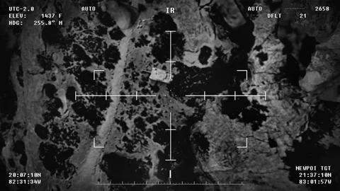 Modern software selecting the enemy tank in the warfare zone for rocket attack Stock Footage 168669877