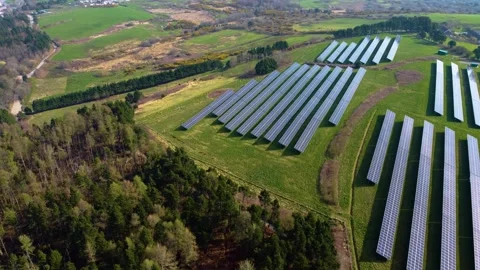 Modern Solar Panel Array near Forest in Green Field. Stock Footage 332627030