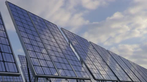 Modern solar panels reflecting cloudy sky. Renewable ecologic energy generation Stock Footage 66390280