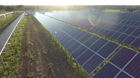 Modern solar power station, view from the drone during sunset Stock Footage 160112945