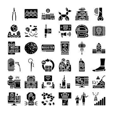 Modern solid glyph icon collection illustrating diverse concepts Stock Illustration