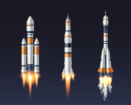 Modern space rockets set isolated on black Stock Illustration