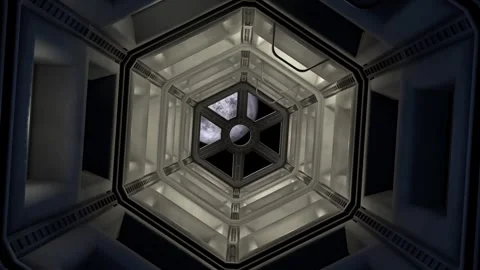 Modern Space Station Corridor Animation. With Moon View. Video stock 335028393