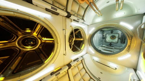 Modern space station corridor with circular modules and sleek design elements Stock Footage 330115992