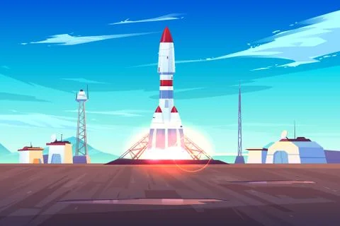 Modern spacecraft lunching cartoon vector concept Stock Illustration