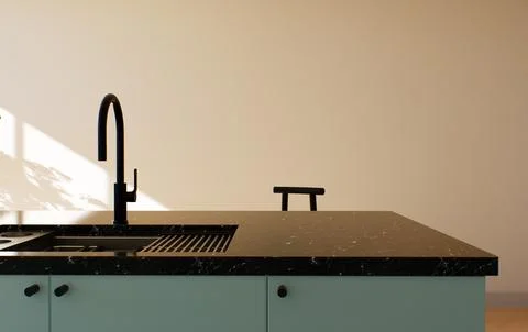 Modern spacious bright kitchen with sunlight and dark accents. 3d rendering Stock-Illustration