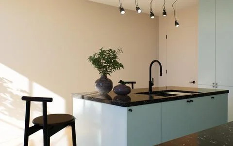 Modern spacious bright kitchen with sunlight and dark accents. 3d rendering Stock Illustration