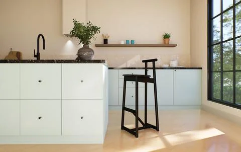 Modern spacious bright kitchen with sunlight and dark accents. 3d rendering Stockillustratie