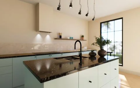 Modern spacious bright kitchen with sunlight and dark accents. 3d rendering Stockillustratie