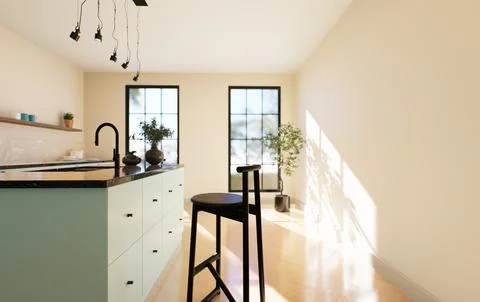 Modern spacious bright kitchen with sunlight and dark accents. 3d rendering Illustrazione stock