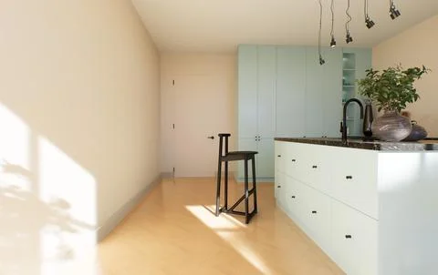 Modern spacious bright kitchen with sunlight and dark accents. 3d rendering Illustrazione stock