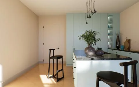 Modern spacious bright kitchen with sunlight and dark accents. 3d rendering Иллюстрация