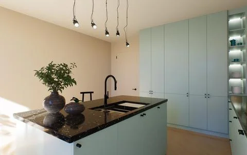 Modern spacious bright kitchen with sunlight and dark accents. 3d rendering Stockillustratie