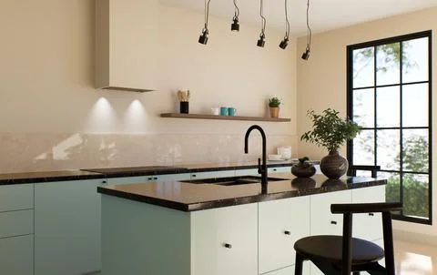 Modern spacious bright kitchen with sunlight and dark accents. 3d rendering Иллюстрация