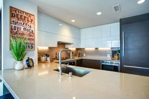 Modern spacious chef's kitchen design with white and black accents in luxurio Stock Photos