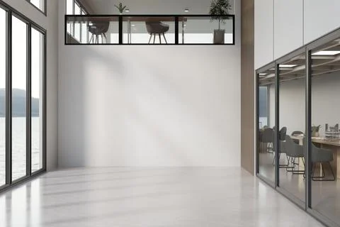 Modern Spacious Office Hallway with Blank Wall Mockup and Glass Conference Ro Stock Illustration