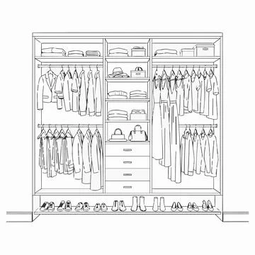 Modern spacious walk-in closet interior with clothes and shoes, line art il.. Stock Illustration