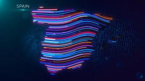 Modern Spain Map with Neon Wavy Lines and Spain Text Label Stock Illustration
