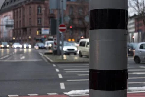  a modern speed camera in front of evening city traffic a modern speed cam... Stock Photos