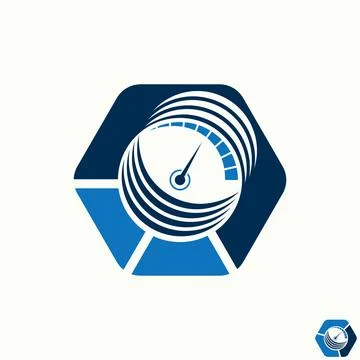Modern speed emblem featuring a gauge dial inside a hexagon frame, symbolizing Stock Illustration
