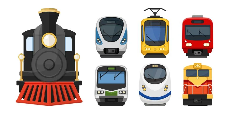 Modern speed train icon set collection in flat colorful style. Railroad tra.. 스톡 일러스트
